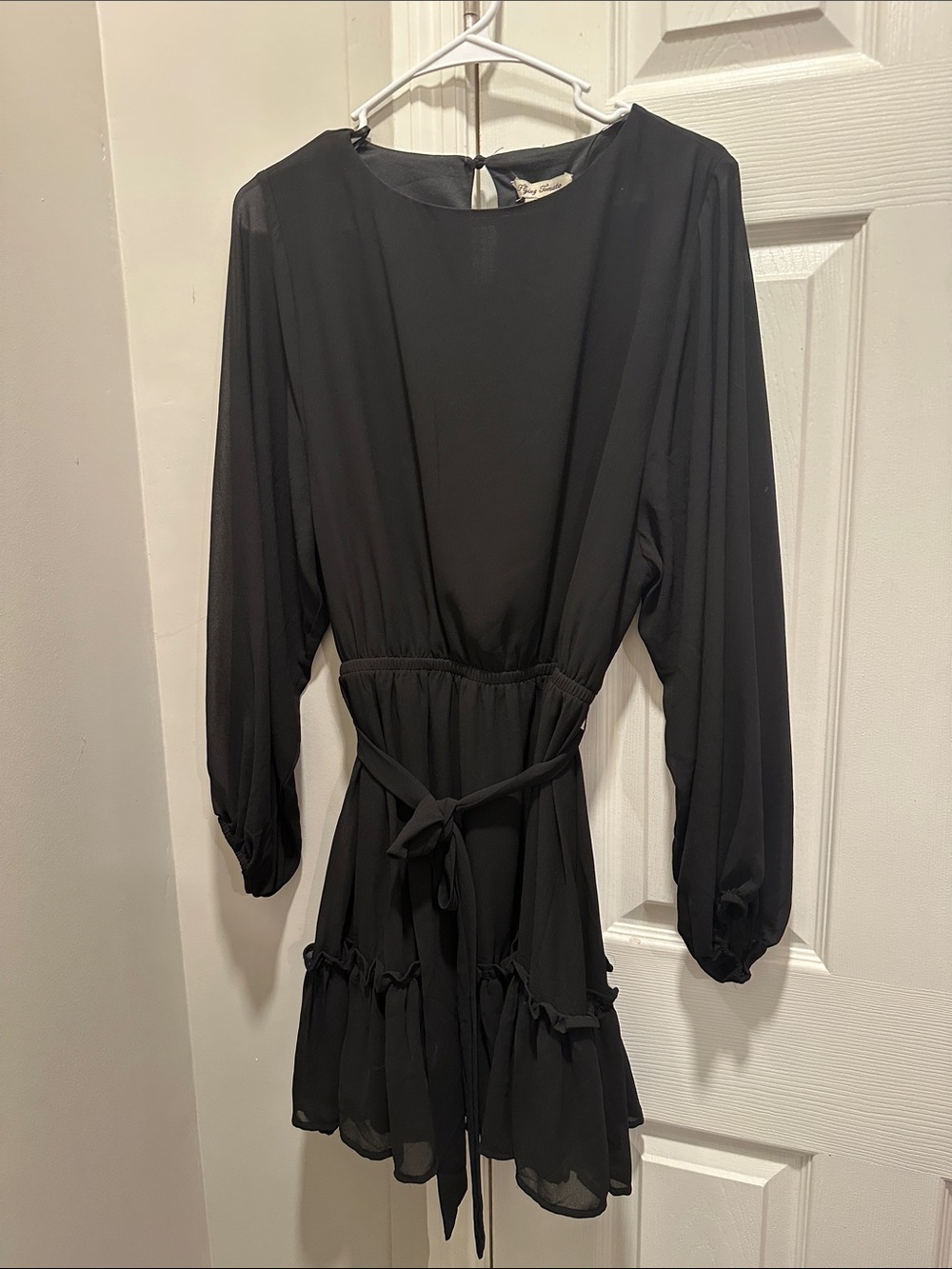 Flying Tomato Black Long-Sleeve Tie-Waist Ruffle Mini Dress